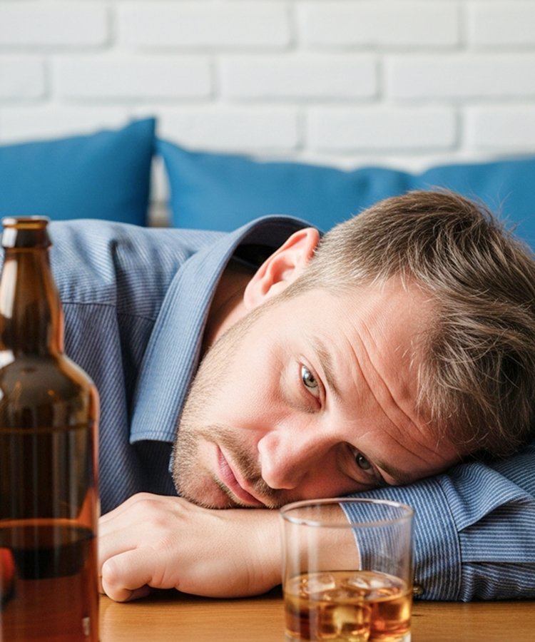 Мужчина лежит на столе с алкоголем