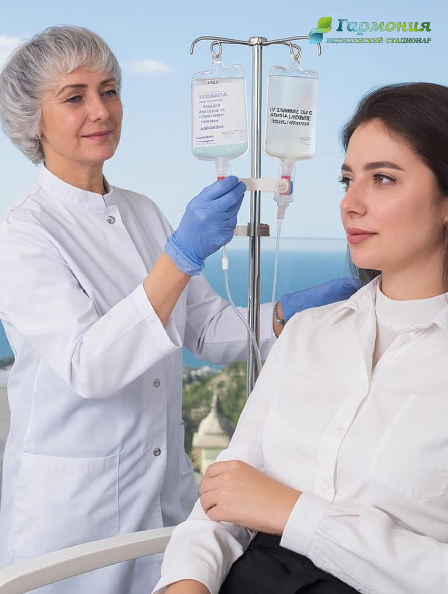 Врач и пациент с капельницей на фоне берега Арыса