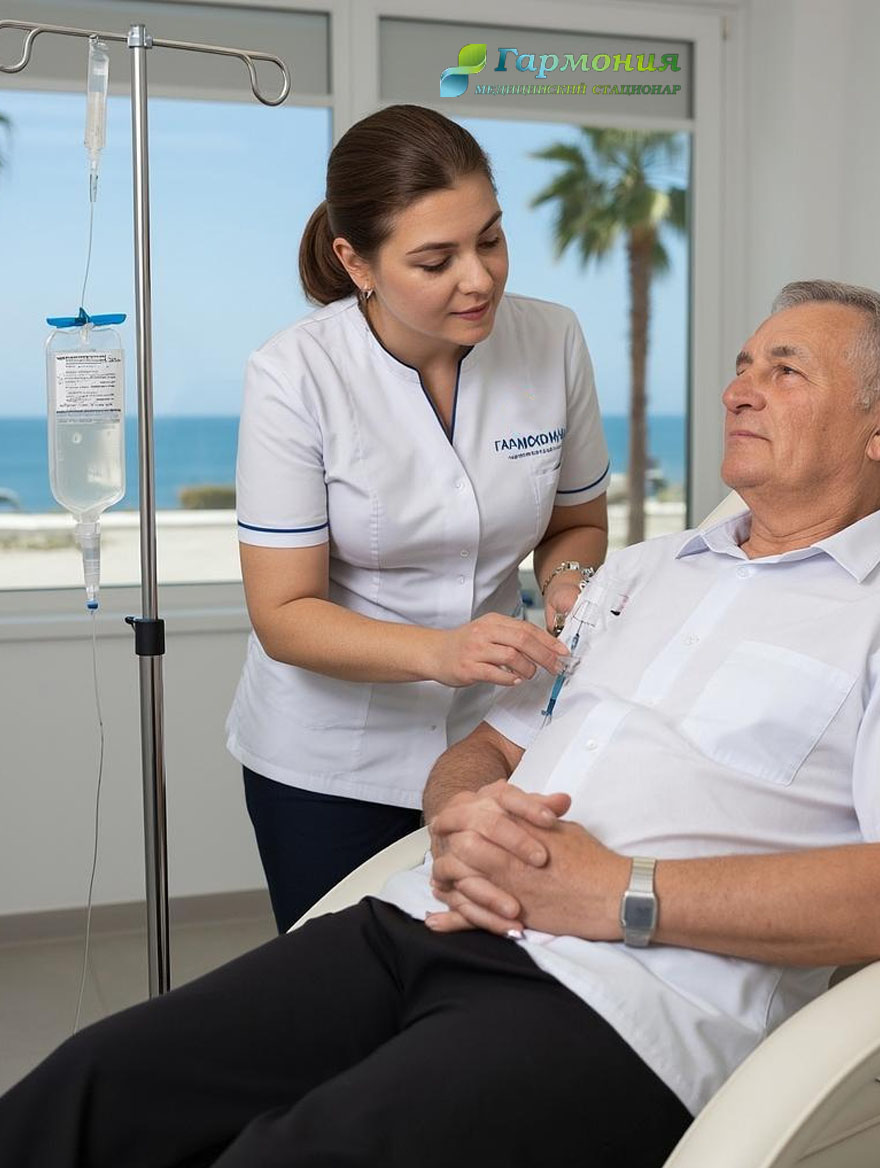 Врач и пациент с капельницей на фоне берега Арыса