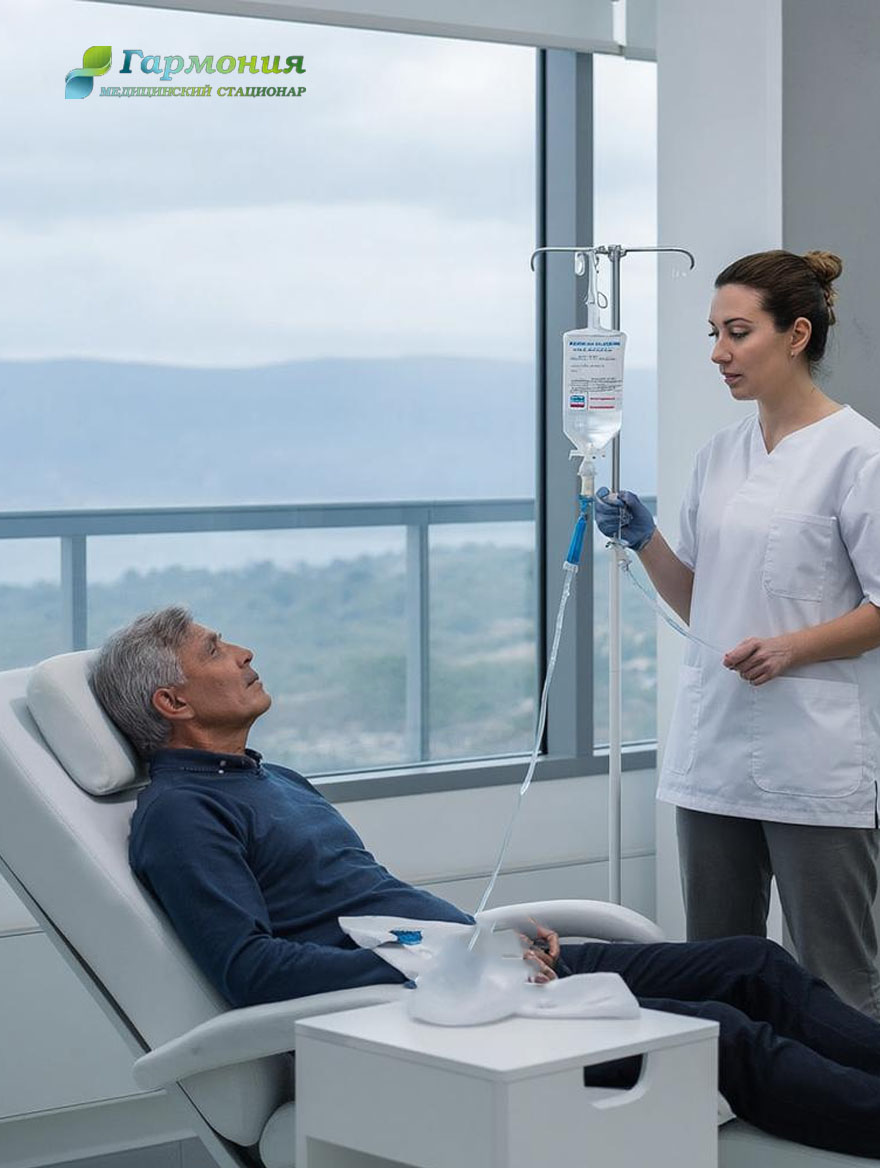 Врач и пациент с капельницей на фоне берега Арыса